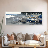 Driftwood, Panoramic Framed Canvas Print, Pacific Northwest / Washington State Driftwood Washed Up On The Shore, Extra Wide Format Art