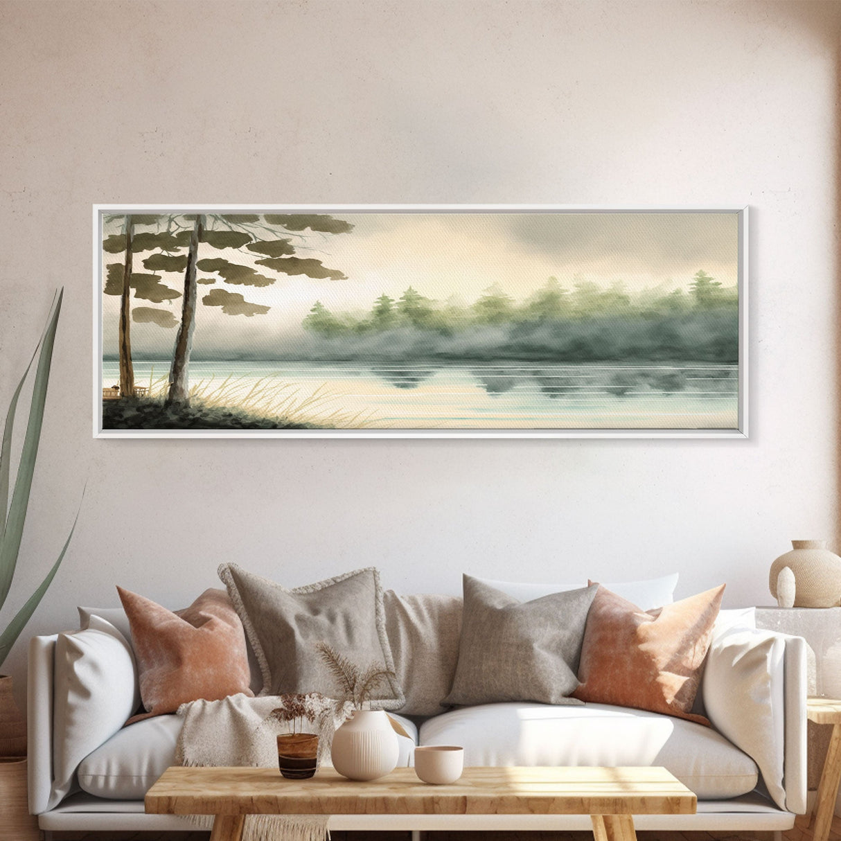 Panoramic Framed Canvas Print of Misty Fog Covered Lake and Pine Tree Forest, Perfect for Living Room, Bedroom