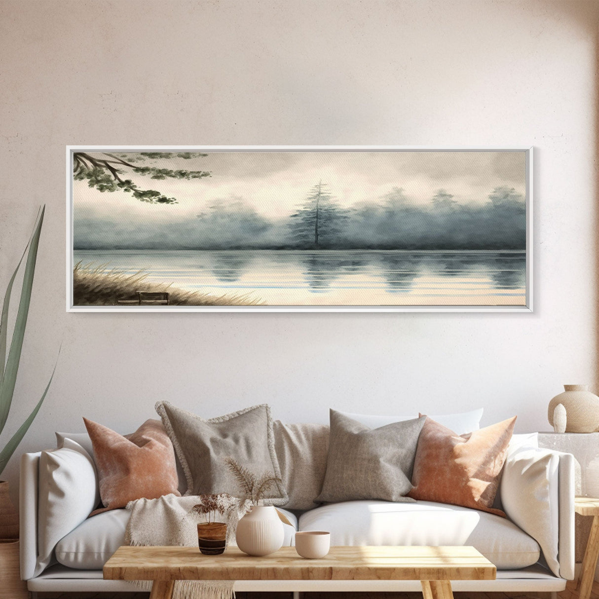 Panoramic Framed Canvas Print of Misty Fog Covered Lake and Pine Tree Forest, Perfect for Living Room, Bedroom, Fog Covered Lake