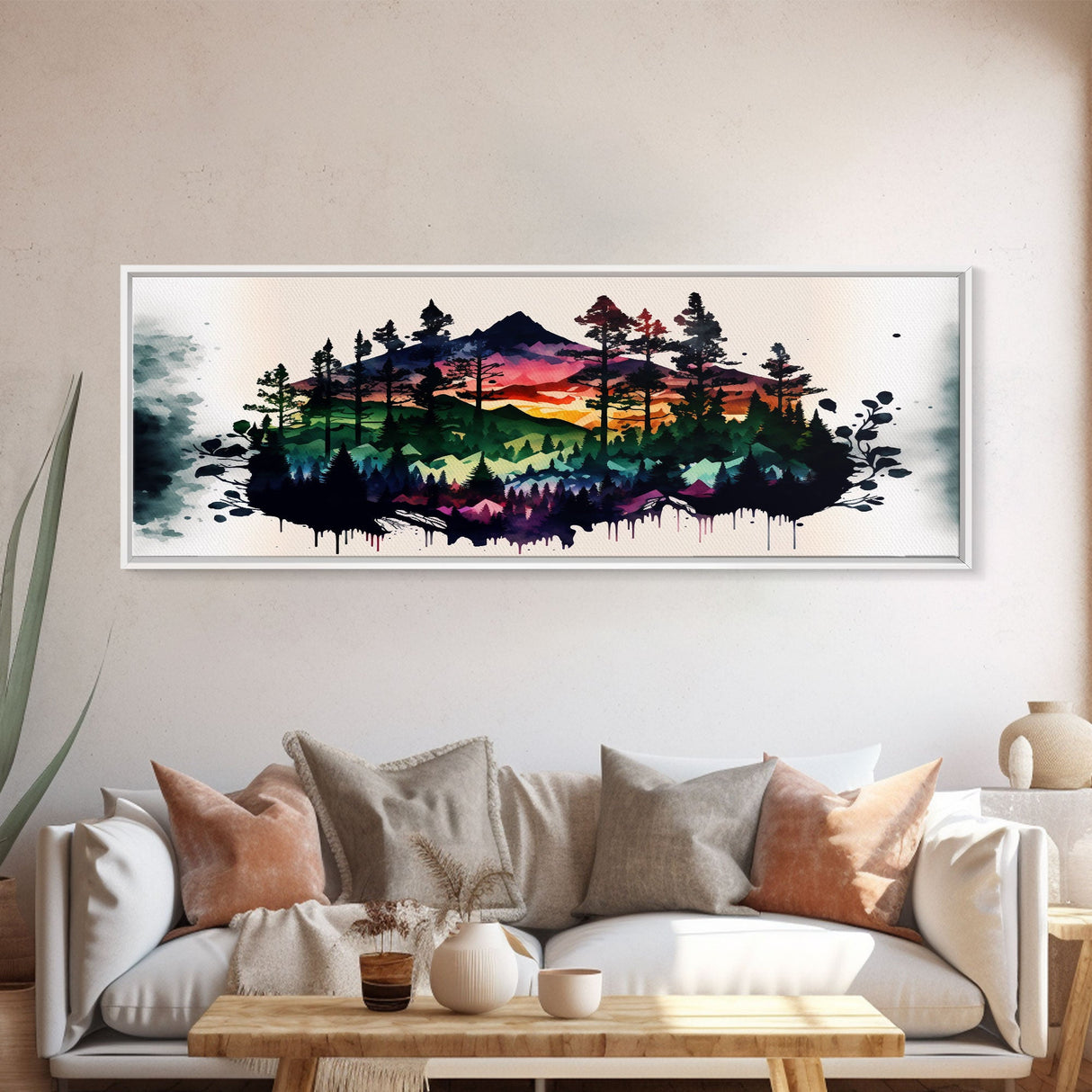 Vibrant Double Exposure Watercolor of a Mountain Landscape and Pine Tree Forest at Sunset, Wide Panoramic Framed Canvas Print