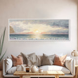 Whimsical Beach Art Watercolor, Framed Canvas Print, Panoramic Lakehouse Art, Light Pastels, Ultra Wide Format Above Bed Art