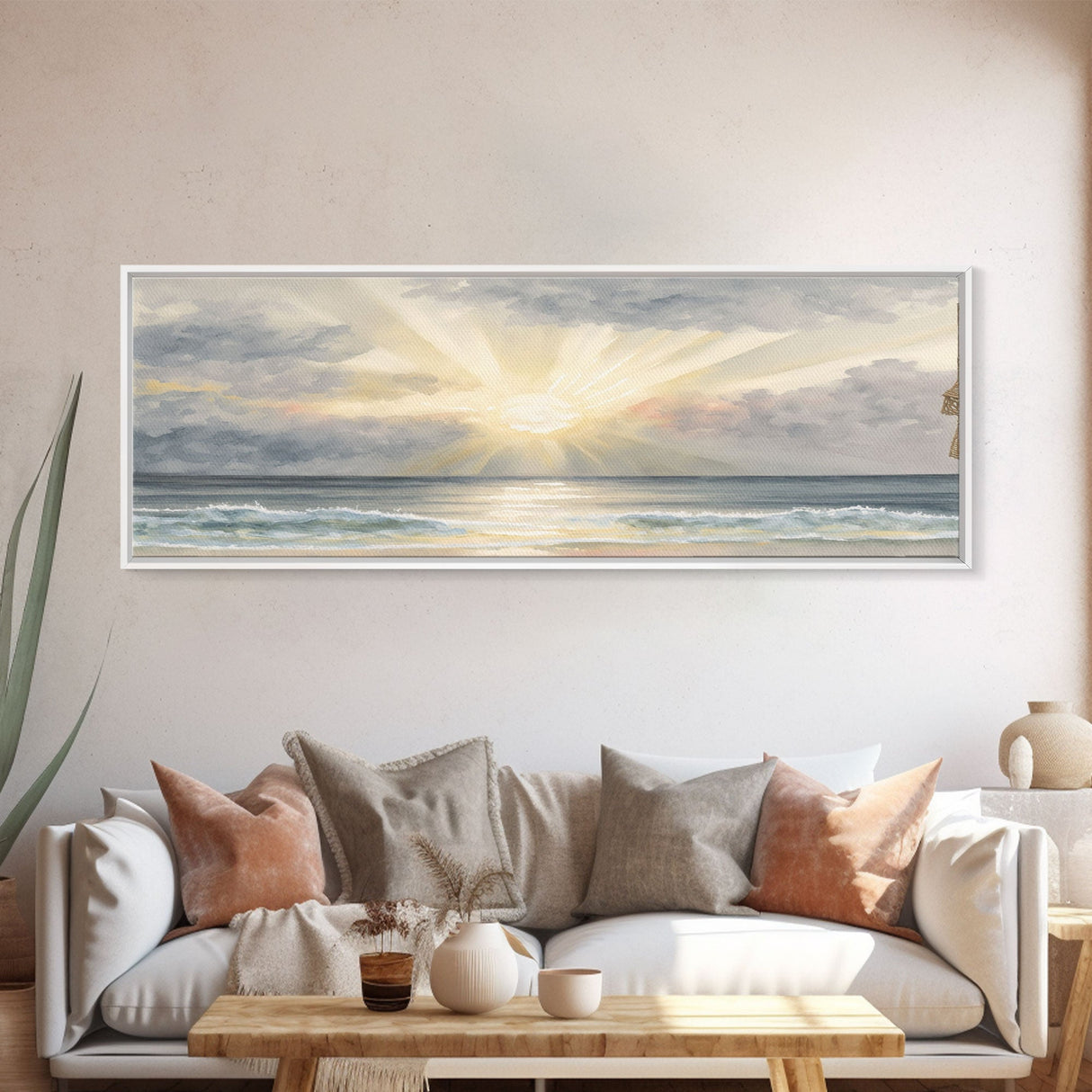 Whimsical Beach Sunset Art Watercolor, Framed Canvas Print, Panoramic Lakehouse Art, Light Pastels, Ultra Wide Format Above Bed Art