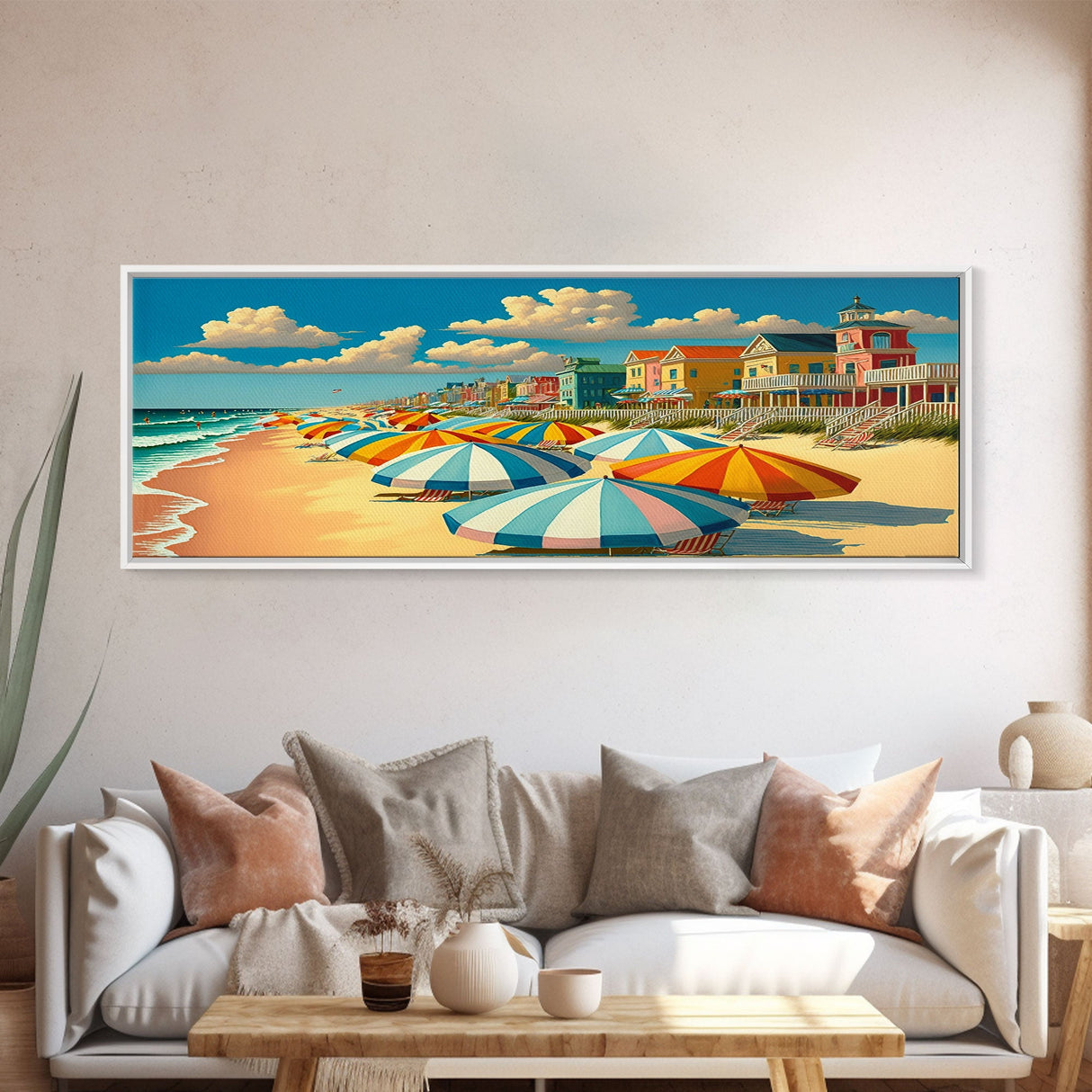 The Beach Boardwalk, Beach Umbrellas, Framed Canvas Print, Colorful Panoramic Beach Art, Midcentury Modern Style Wall Art