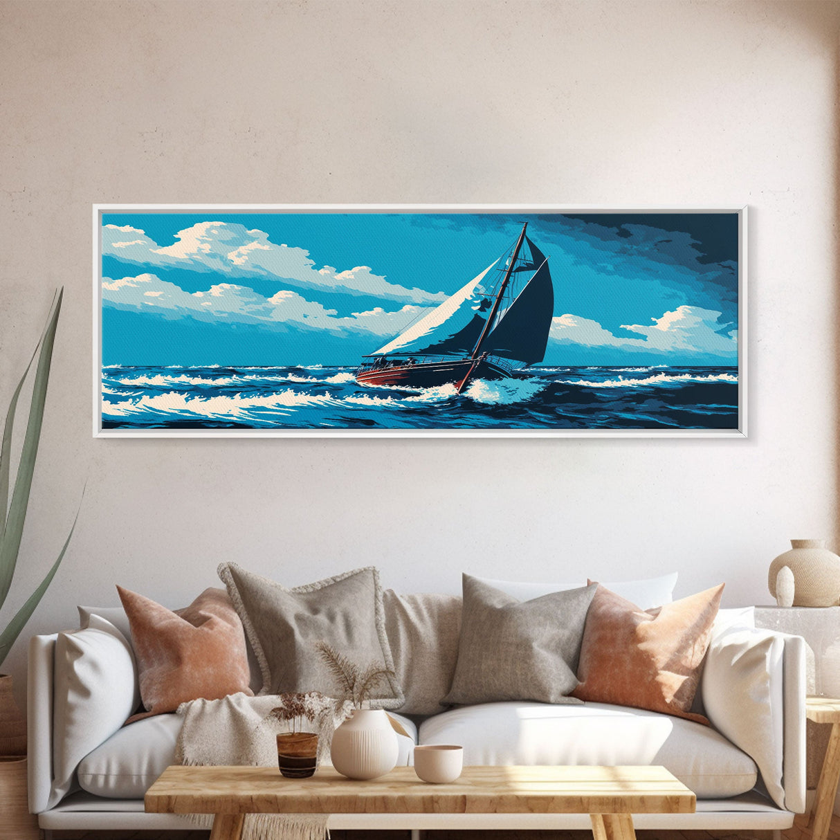 Come Sail Away - Panoramic Sail Boat Art - Framed Canvas Print - Oil Painting Reprint - Framed Art - Sailing On The Ocean Blue