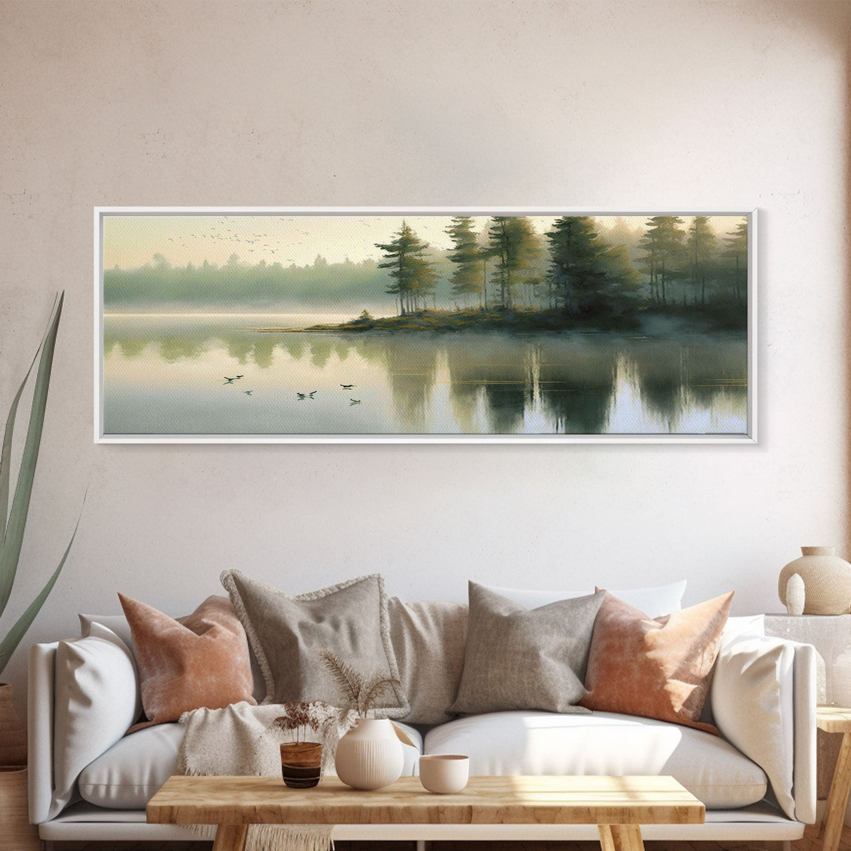 framed lake landscape art, panoramic, framed wall art,  living room wall decor, framed canvas, minimalist landscape, abstract landscape art