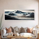 Panoramic Framed Canvas Print of Watercolor Snowy Mountain Lake Reflection Landscape Painting, Unique Landscape Wall Art