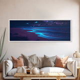 Night Moves, Retro Synthwave Beach Art, Framed Canvas Print, Starry night sky over the pacific ocean