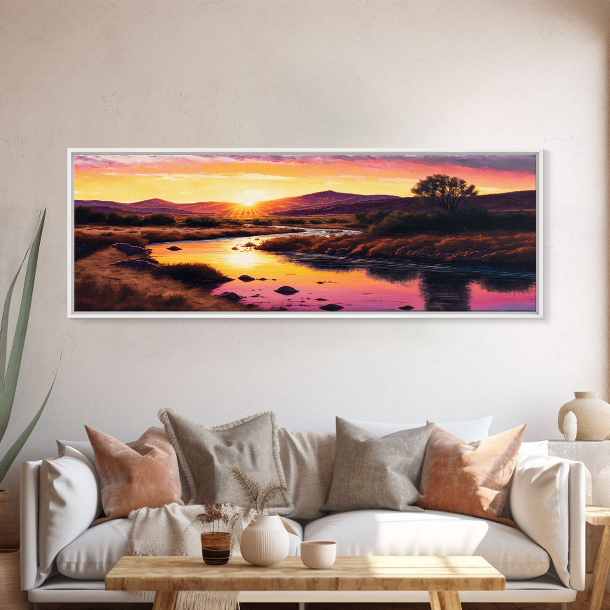 Vibrant Orange Mountain Sunset Panoramic Framed Canvas Print, Colorful Nature Landscape, Cool Wall Art