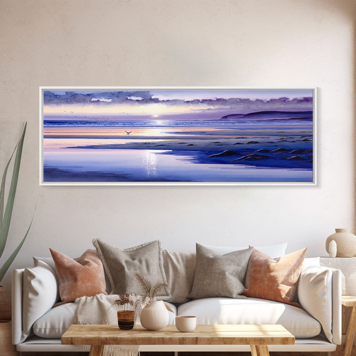 Panoramic Framed Watercolor Beach Landscape Canvas Print - Colorful Clouds & Waves | Seascapes Wall Art | Sunset Over The Ocean