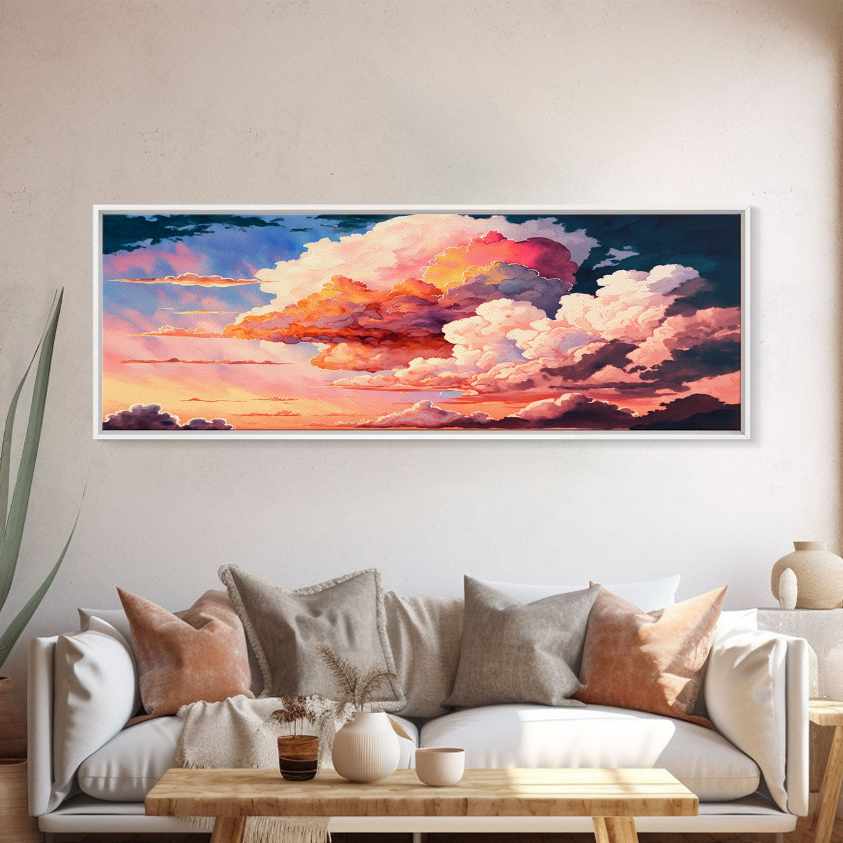 Panoramic Framed Canvas Print of Watercolor Panoramic Landscape Painting of Red & Pink Clouds at Sunset, Framed Wall Art