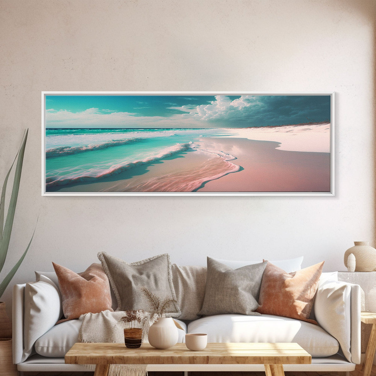 Panoramic Framed Canvas Print of Watercolor Beach Sunset Landscape Painting, Blue Ocean Waves, Tranquil Art, Peaceful Art