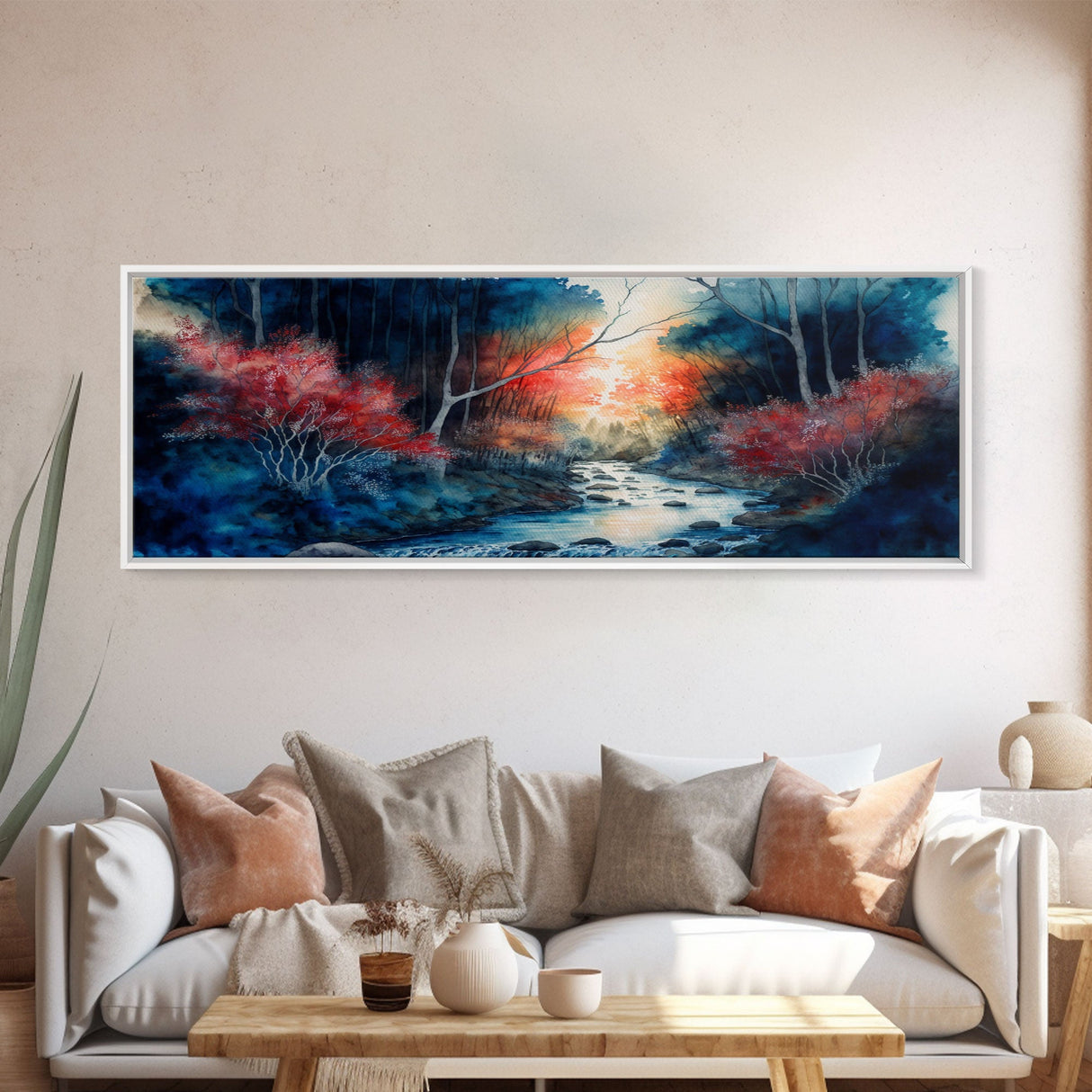 Panoramic Framed Canvas Print - Watercolor Forest and River Landscape, Perfect for Living Room, Bedroom, Home Office