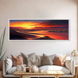 Panoramic Framed Canvas Print - Watercolor Desert Landscape Painting - Vibrant Sunset - Wall Art for Living Room, Bedroom