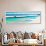 Blue Beach and Ocean Waves Panoramic Framed Canvas Print - Perfect for Living Room, Bedroom, Office Decor