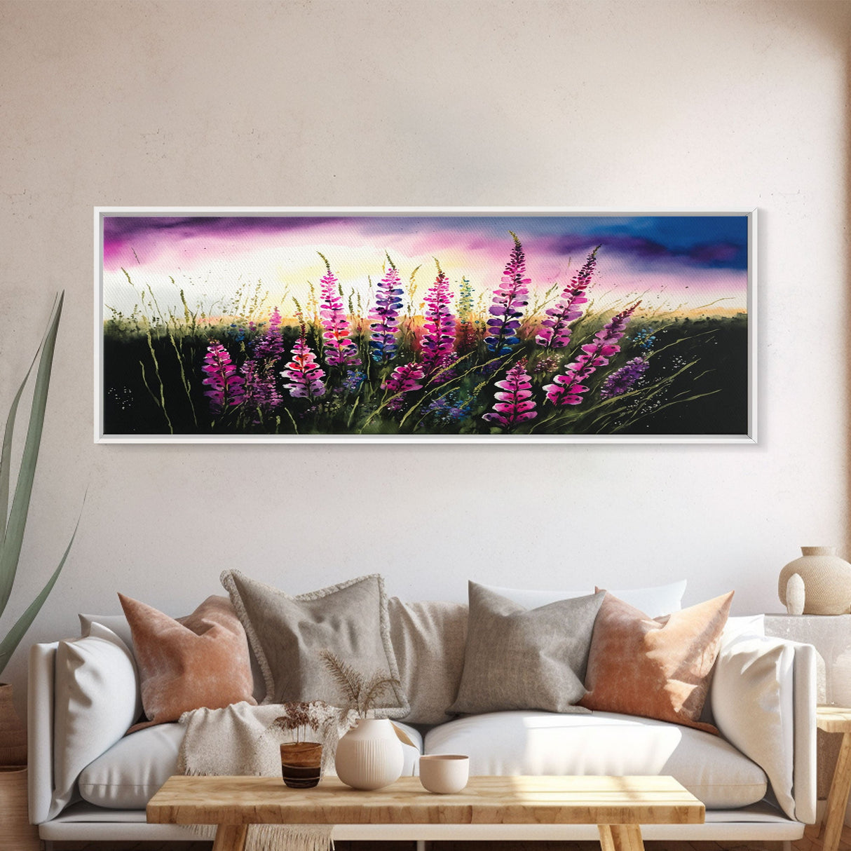 Panoramic Framed Canvas Print of Beautiful Pink and Red Flowers in a Field - Perfect for Living Room, Bedroom, and Office Walls