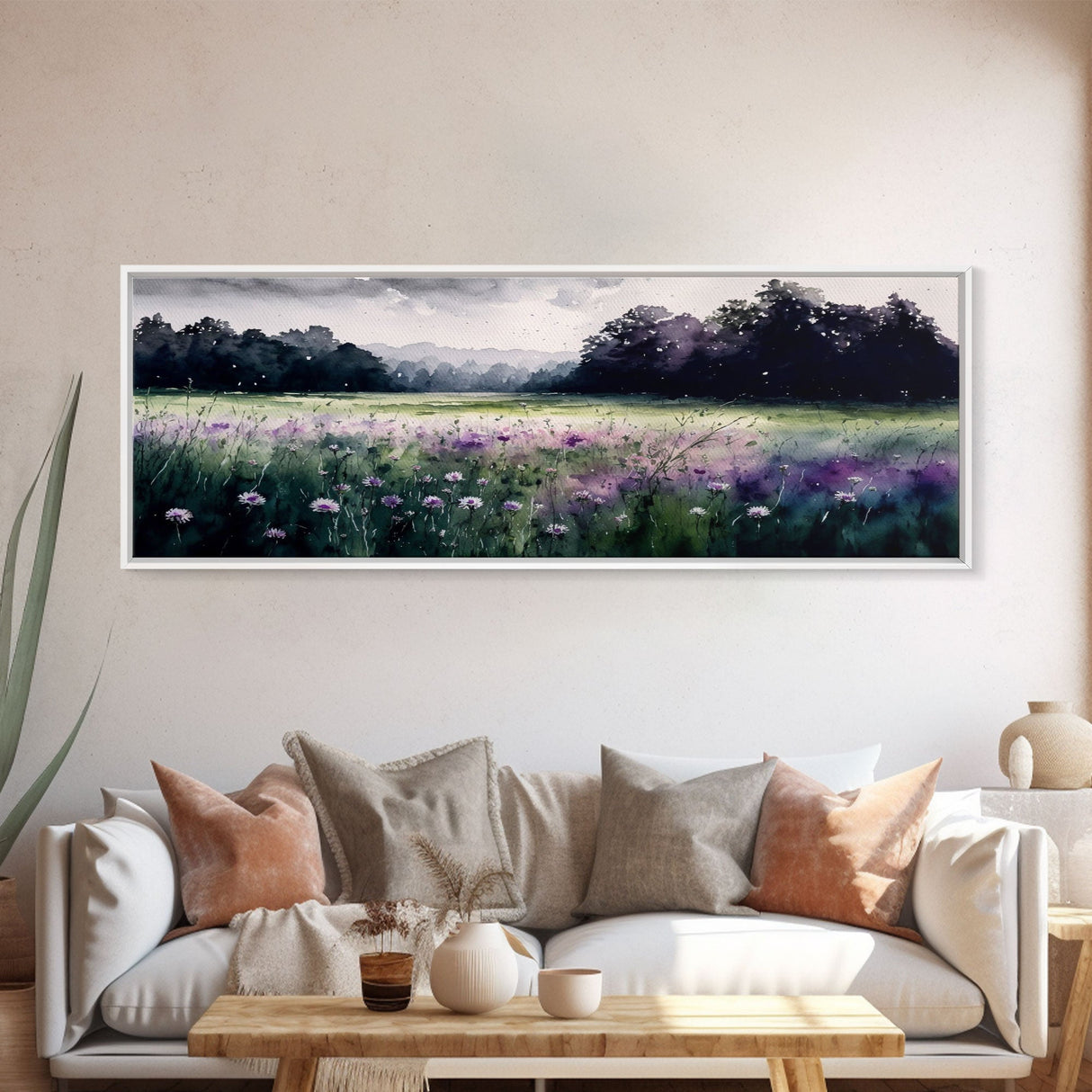 Panoramic Framed Canvas Print - Watercolor Purple Flower Field Landscape - Perfect for Living Room, Bedroom, Office, Guest Room Art