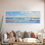 Blue Beach, Ocean Waves & Seagulls Panoramic Framed Canvas Print - Perfect for Living Room, Bedroom, Office Decor