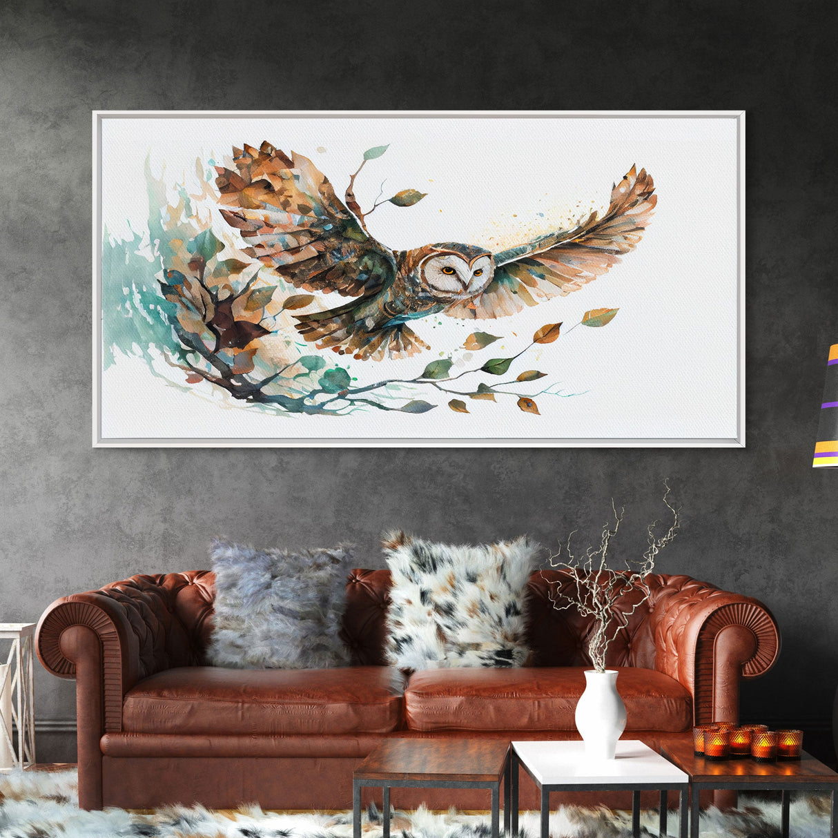 Flying owl with trees, leaves, forest double exposure, nature animal, owl illusion art, wrapped framed canvas print, office wall art