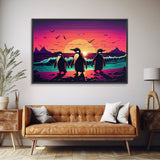 Surfing Penguins walking on the beach, retrowave art, framed canvas print, animal art