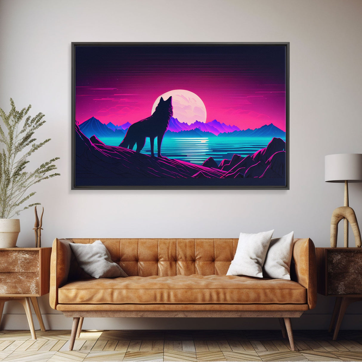 Wolf Silhouette Full Moon Purple Sky Ocean Sea Landscape Wall Art Print, Fine Art Print, Wall Decor, Wall Poster