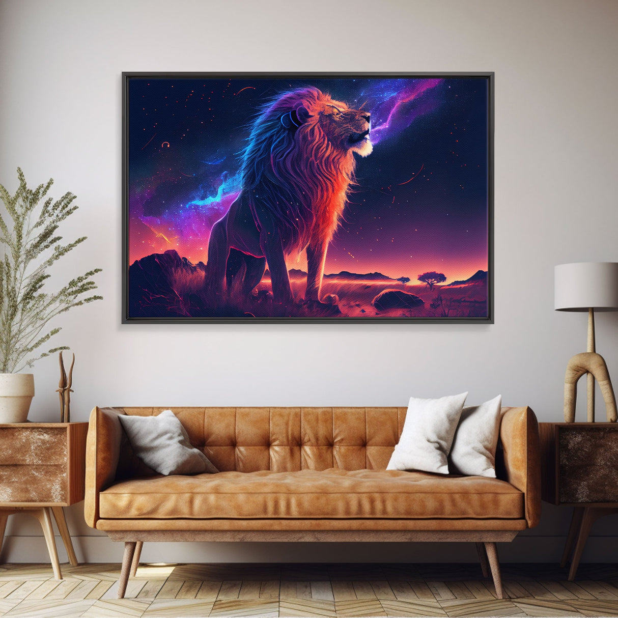 The Lion and the Galaxy, unique vibrant synthwave wall art, framed canvas print, animal lion print