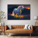 Vibrant portrait of a white horse in a field of flowers, vaporwave aesthetic art, animal prints, framed canvas print, colorful wall art