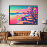 Neon Pastel wall art, vaporwave aesthetic boardwalk, neon beach, framed canvas print