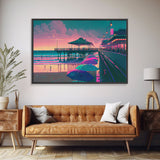 Neon Beach, cool beach house wall decor, synthwave pier and boardwalk, framed canvas print, framed wall art