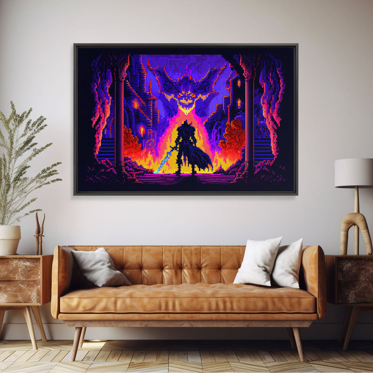 8 bit Pixel art, RPG video game concept art, Paladin faces the Dragon, synthwave style, framed canvas print