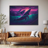 3 Blue Whales Breaching at Sunset, vaporwave synthwave ocean art, framed canvas print