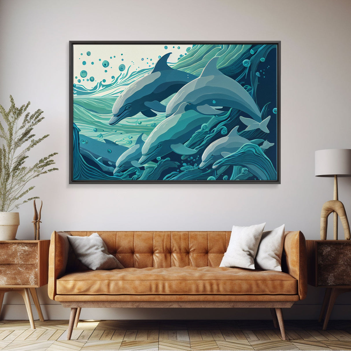 Dolphins in the Ocean, Turquoise dolphin art, framed canvas print, wall art with frame