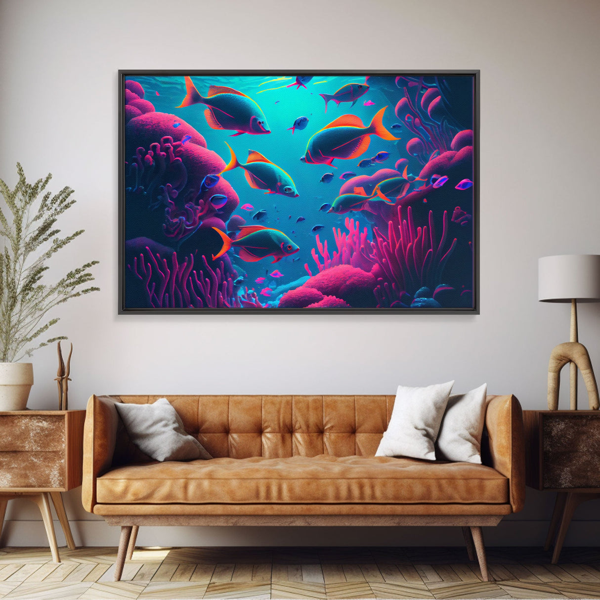 Coral Reef art, synthwave aesthetic ocean art, school of fish, framed canvas art, framed wall art canvas print