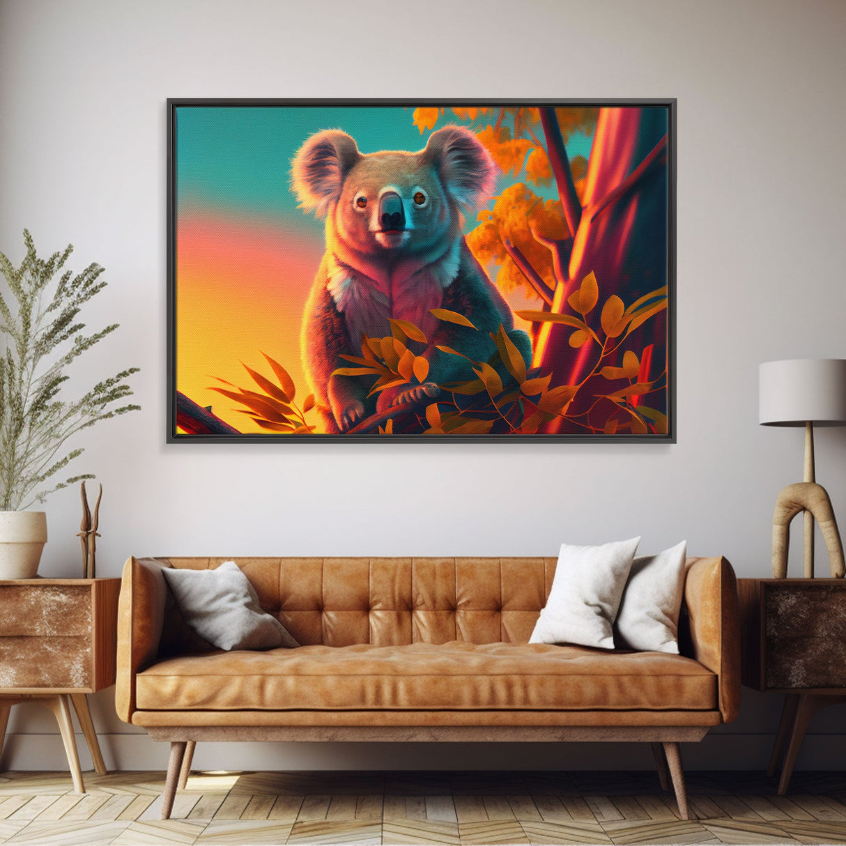 Cute Koala bear at sunset, vaporwave animal art, framed canvas print, framed wall art, ready to hang