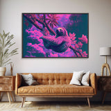 Sloth in a tree, synthwave retrowave animal print, framed canvas art