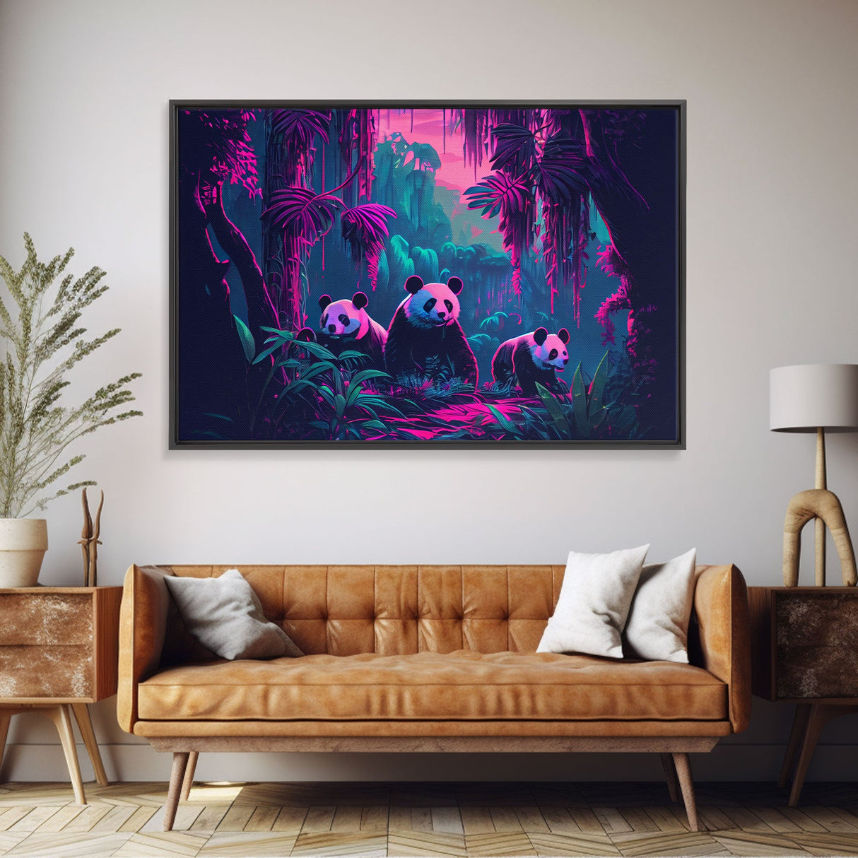 Cute pandas, jungle, framed canvas print, framed wall art, synthwave animal art