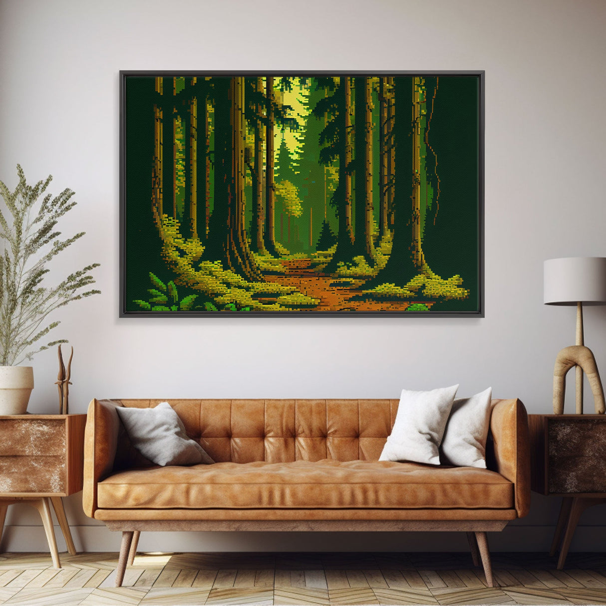 Among The Tall Trees, Beautiful forest 8 bit pixel art, framed canvas print, game room art