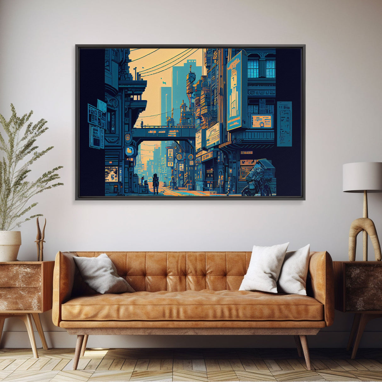 8 bit pixel art cyber punk city, video game concept art, framed canvas print, game room art