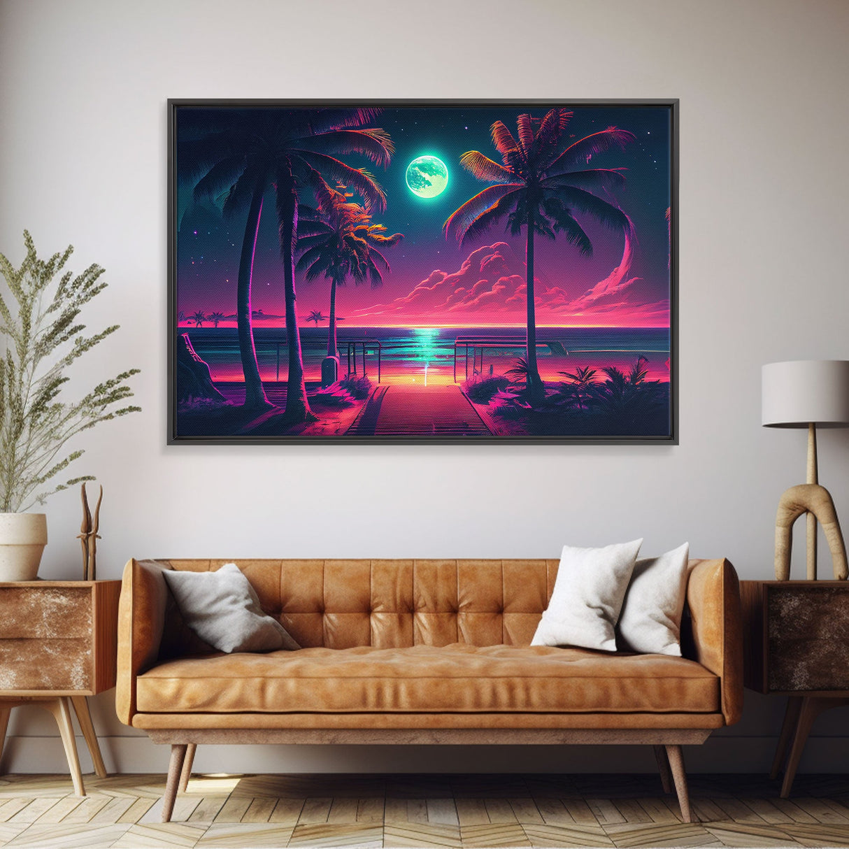 Outrun style full moon lit beach, framed canvas print, synthwave palm tree & beach art