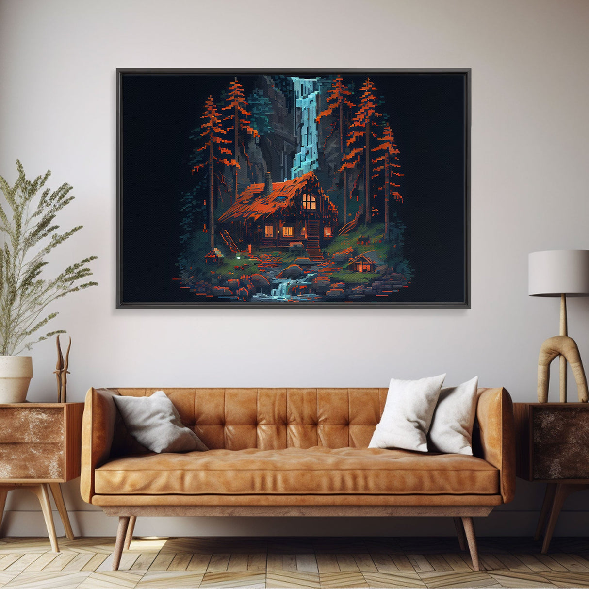 Secluded log cabin in the woods with a waterfall behind it, 8 bit pixel art, framed canvas print