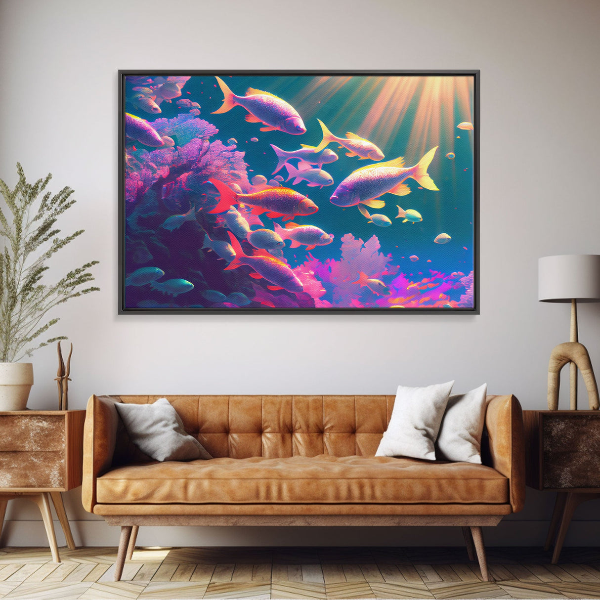 Tropical Reef Art, vaporwave pastel ocean fish art, school of fish art, framed canvas print