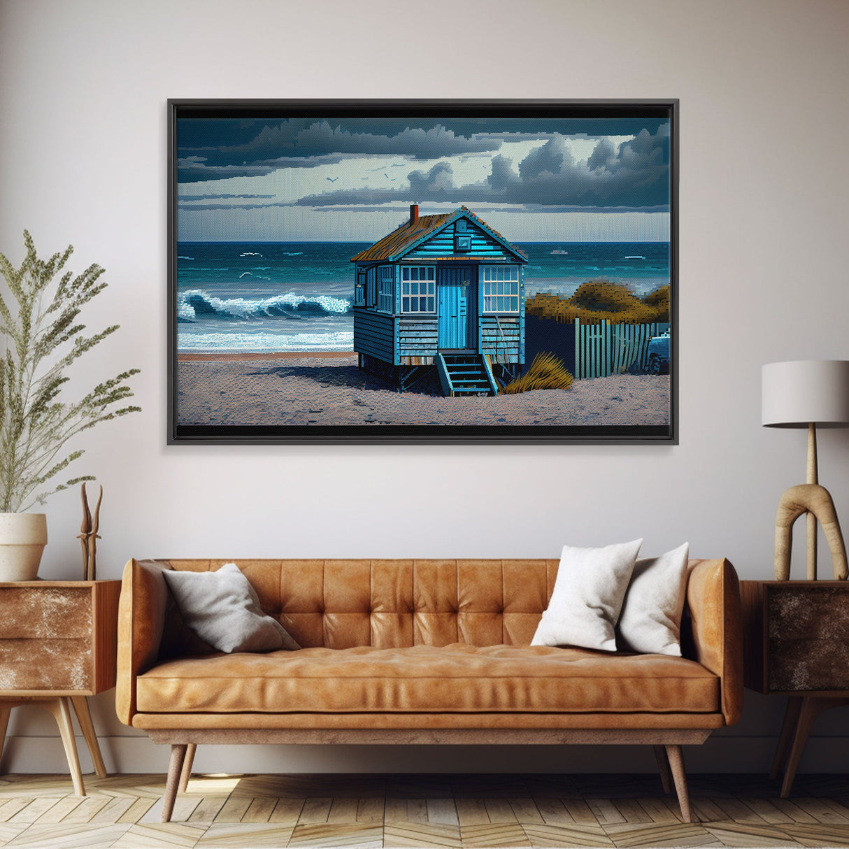 Sea side shack pixel art, New England style beach art, framed canvas print, beautiful lake house art