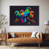 Tropical birds, vibrant and colorful animal print, parrots, framed canvas print, Framed wall art