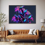 Synthwave Tropical Birds, Parrot Art, Framed canvas print, framed wall decor, vaporwave animal print