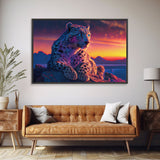 Portrait of a leopard at sunset, vaporwave art, framed canvas print, framed wall art, animal prints