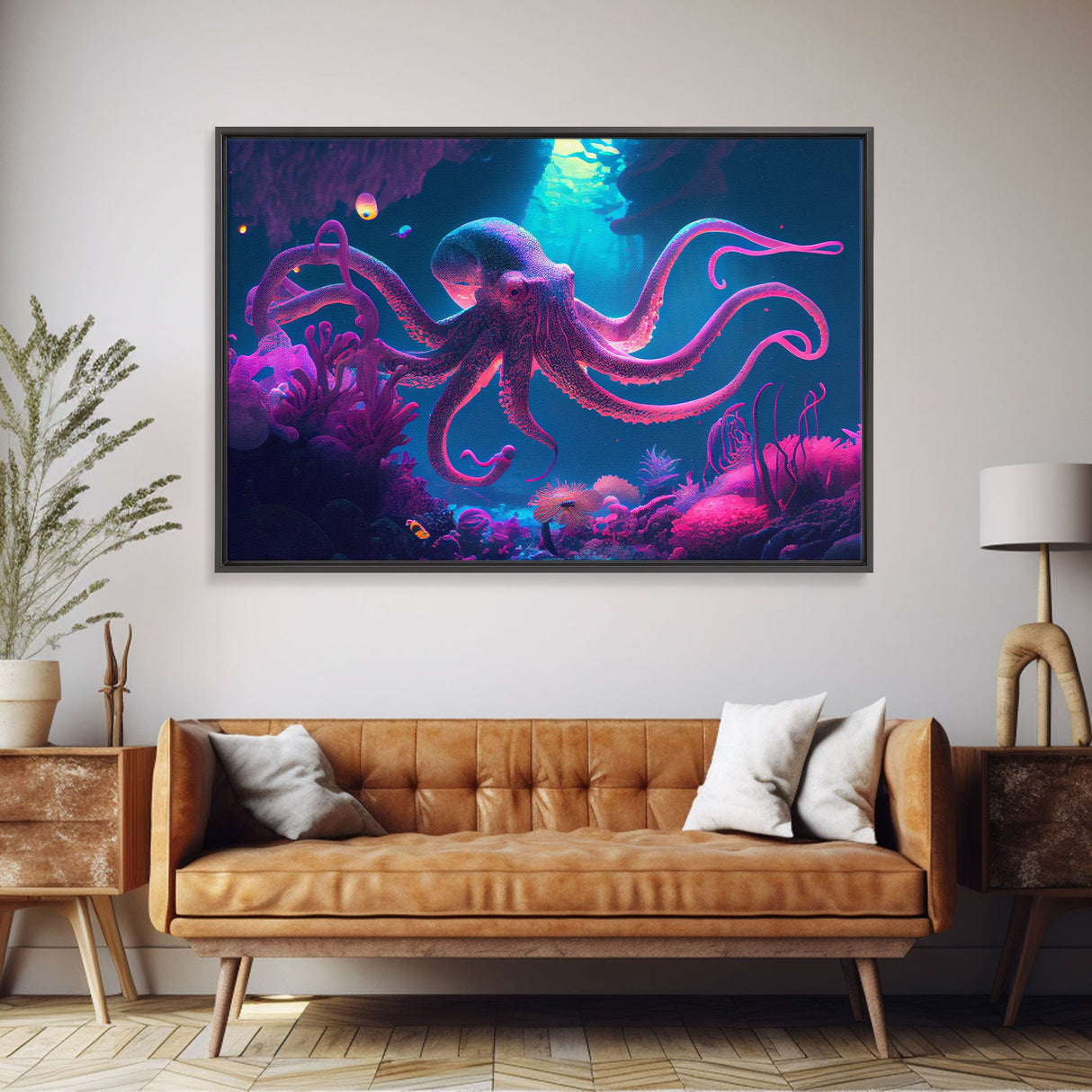 Pink Octopus, Ocean art, aquarium art, framed canvas print, vaporwave pastel art