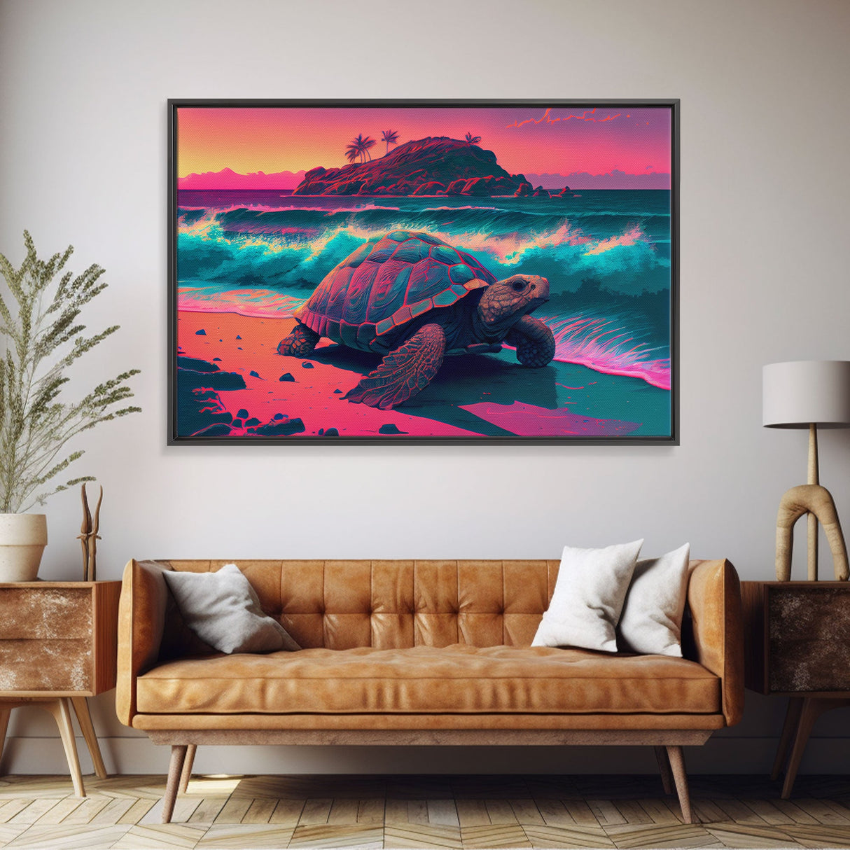 Sea Turtle On Seashore Beach Ocean Sea Sunset Blue Pink Fine Art Print, Wall Art Print, Wall Poster, Wall Decor