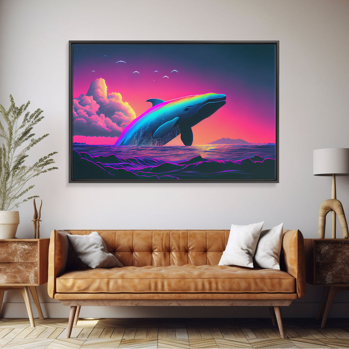 Humpback whale breaching a rainbow, vaporwave art, synthwave animal print, framed canvas print