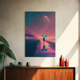 Synthwave Art, Neon / Pastel Beach Boardwalk, framed canvas print, vintage 80s style art