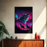 Wolves Howling at the moon, 3 wolf moon, framed canvas print, vaporwave art, Animal art, predator art