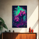 Retro Style Blue Eyed Tiger Art, Framed canvas print, framed wall art, unique colorful animal prints, synthwave style art